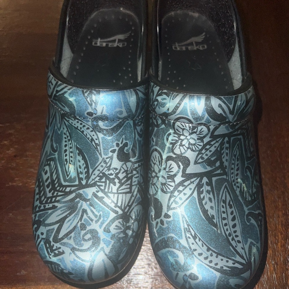 Dansko Black and Blue Patterned Clogs